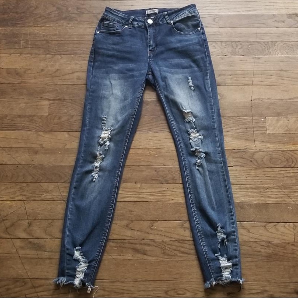 Dark Wash Distressed Destroyed Frayed Denim Jeans